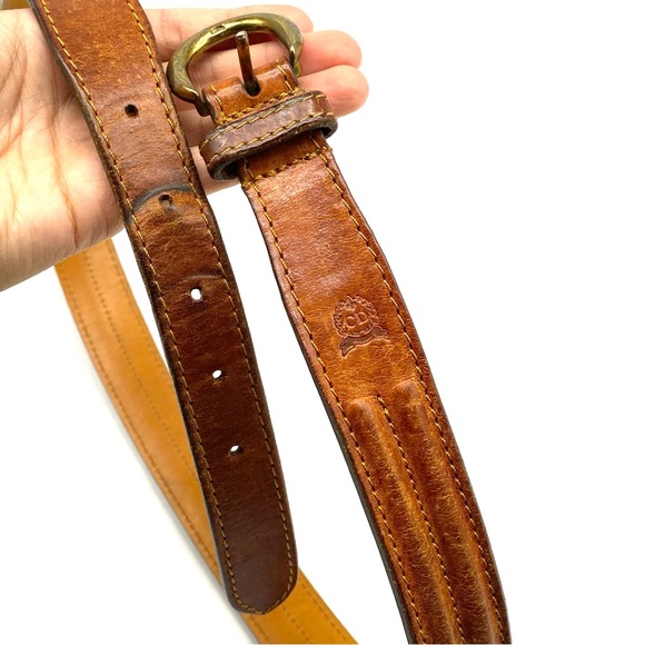 CHRISTIAN DIOR VINTAGE TAN LEATHER GOLD BUCKLE LOGO WAIST BELT WOMEN SMALL 85/34 - Picture 3 of 4
